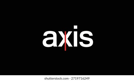 Um plano de fundo preto impressionante serve como tela de desenho para a palavra 'axis' renderizada em branco nítido, com letras sem serifa. Uma linha vertical bisects vermelha em negrito