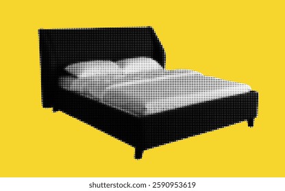 A striking black bed with crisp white linen stands out against an electrifying yellow backdrop. The halftone effect adds depth, infusing modern design and creativity into the scene.