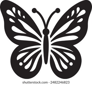 A striking black butterfly icon set against a white background. The design features detailed wing patterns and a symmetrical shape, capturing the delicate beauty of the butterfly. Ideal for use in nat