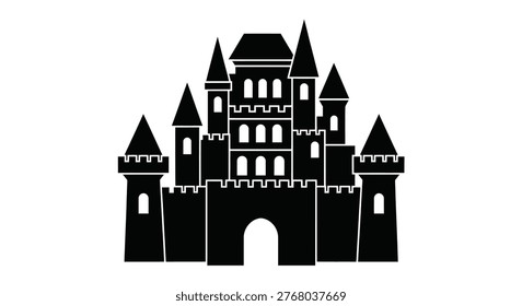 A striking black castle illustration with multiple towers and a dramatic silhouette