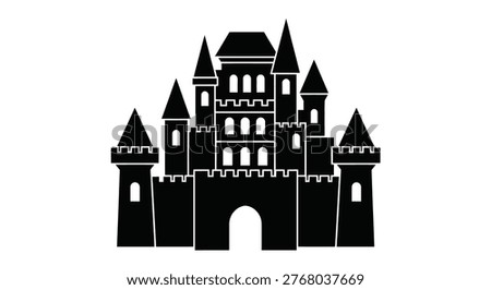 A striking black castle illustration with multiple towers and a dramatic silhouette