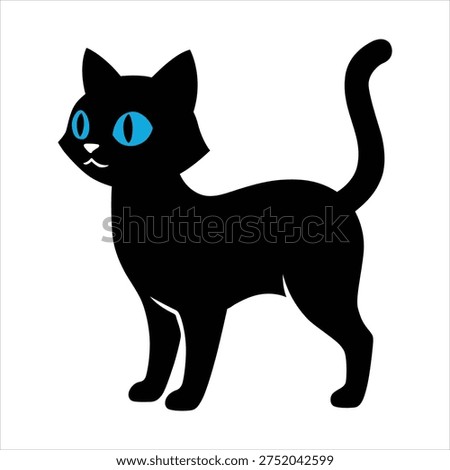 A striking black cat silhouette vector illustration featuring bright blue eyes standing gracefully perfect for Halloween designs pet shop logos and feline lover graphic projects.
