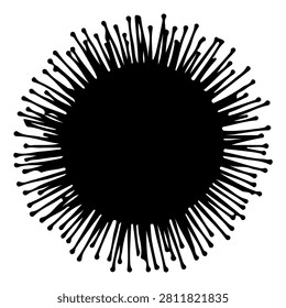 A striking black circular design featuring radiating lines emanating from the center, creating a dynamic sunburst effect.