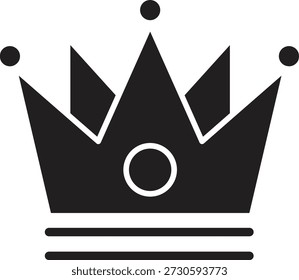 A striking black crown icon featuring a crisp white outline and subtle circular ornaments, symbolizing royalty and achievement.