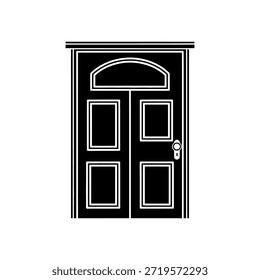 Una llamativa puerta negra con molduras blancas, un arco decorativo y un pomo de puerta clásico, presentado como una ilustración gráfica limpia.