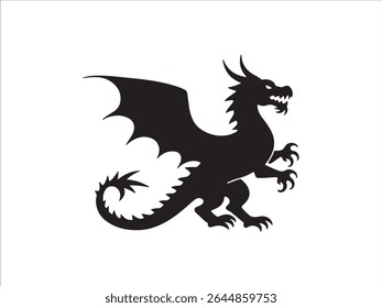 A striking black dragon silhouette dominates this vector illustration, set against a clean white background.