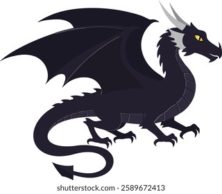 A striking black dragon stands powerfully, showcasing sharp wings, fierce eyes, and an imposing posture, creating an atmosphere of strength and mystique.