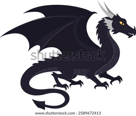 A striking black dragon stands powerfully, showcasing sharp wings, fierce eyes, and an imposing posture, creating an atmosphere of strength and mystique.