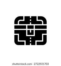 A striking black geometric design with intersecting lines forming a square-like figure.