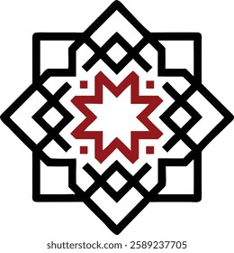 A striking black geometric Islamic pattern with a red accent in the center, adding contrast and depth to the design.