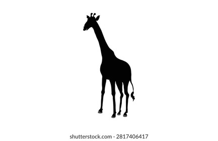 A striking black giraffe silhouette stands in profile against a clean white background, showcasing a distinctive animal shape.