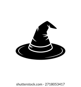 A striking black witch’s hat depicted in a simple, iconic silhouette style.