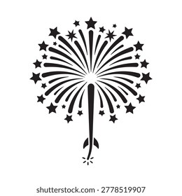 A striking black illustration of a firework explosion radiating outward with elongated, dynamic bursts and small star shapes surrounding it. The firework has a visible rocket trail at the bottom, emph.