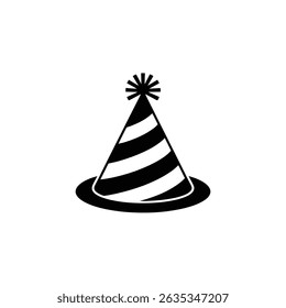 Striking black illustration of a striped party hat with a pompom on a transparent background. Ideal graphic for festive designs and event-related projects.