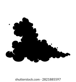 A striking black ink smoke cloud with a dynamic, flowing shape, isolated on a white background, illustrating movement and fluidity.