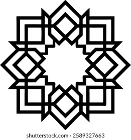 A striking black Islamic pattern forming a strong, symmetrical star with a dynamic structure.