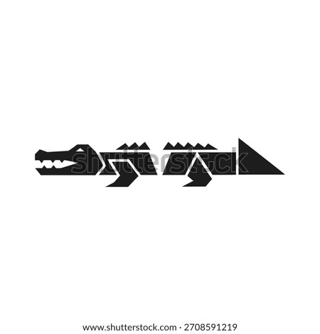 A striking, black, low-polygon style graphic depicting an alligator or crocodile in profile view, composed entirely of sharp, angular shapes and triangles against a pure white backdrop.