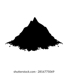 A striking black mountain silhouette with rugged peaks and textured base, set against a plain white background, emphasizing natural landscape features.