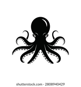 A striking black octopus silhouette isolated on a clean white backdrop. Its tentacles spread symmetrically offering versatile usage for branding and graphic projects.