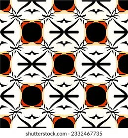 Striking black and orange art deco pattern on a clean white backdrop. This repeating fabric design blends elements of art nouveau, exuding elegance and style.