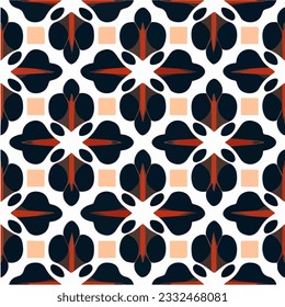 Striking black and orange art deco pattern on a white background, forming a seamless and captivating repeating fabric pattern.