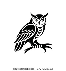 A striking black owl silhouette with sharp talons and piercing eyes, set against a pure white background, showcasing its detailed feathers and intense gaze in a bold, graphic style