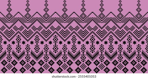 A striking black and pink geometric pattern, reminiscent of traditional ethnic art. The design features a repeating motif of diamonds, squares, and zigzags, creating a bold and graphic look. 