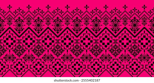 A striking black and pink geometric pattern, reminiscent of traditional ethnic art. The design features a repeating motif of diamonds, squares, and floral elements, creating a bold and graphic look.