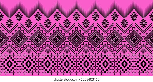 A striking black and pink geometric pattern, reminiscent of traditional ethnic art. The design features a repeating motif of diamonds, squares, and zigzags, creating a bold and graphic look. 