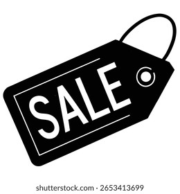 Striking black price tag showcases the word sale in a bold white font, ready to grab attention. The design has a transparent background for easy integration.