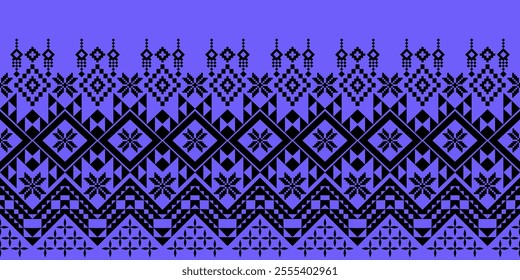 A striking black and purple geometric pattern, reminiscent of traditional ethnic art. The design features a repeating motif of diamonds, squares, and triangles, creating a bold and graphic look. 