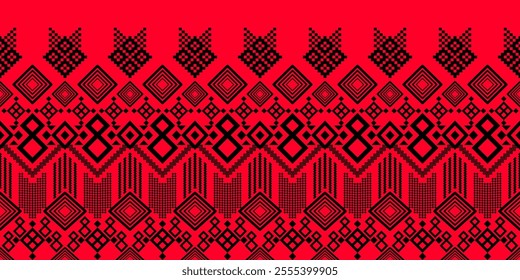 A striking black and red geometric pattern, reminiscent of traditional tribal art. The design features a repeating motif of diamonds, squares, and crosses, creating a bold and graphic look. 