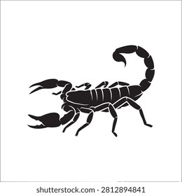 A striking black scorpion silhouette isolated on white poised with its tail raised and pincers open. Ideal for concepts of danger resilience or desert life.