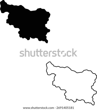 A striking black silhouette alongside its matching outline form an illustrative map of an unidentified territory against a bright white canvas.