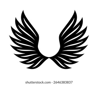 A striking black silhouette of angel wings is displayed against a clean white backdrop. The wings are intricately designed with numerous sharp layered feathers.