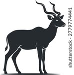 A striking black silhouette of an antelope, showcasing its graceful form and distinctive spiraling horns against a clean white background.