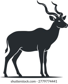 A striking black silhouette of an antelope, showcasing its graceful form and distinctive spiraling horns against a clean white background.