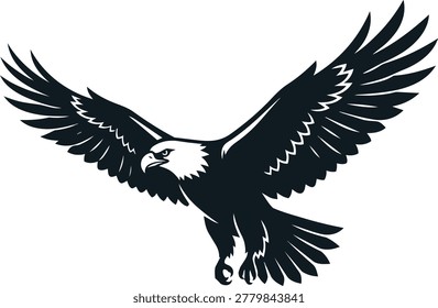 A striking black silhouette of a bald eagle with wings spread wide, captured in mid-flight against a clean white background.