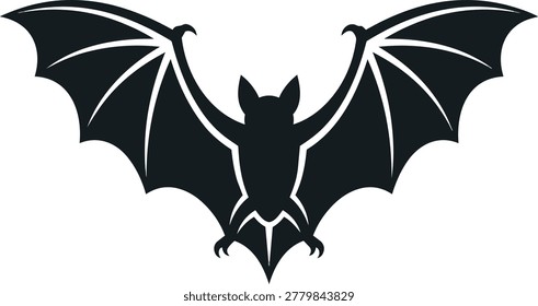 A striking black silhouette of a bat in flight, its wings fully extended, showcasing its distinctive shape against a white background.