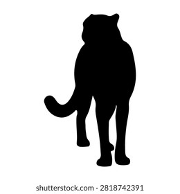 A striking black silhouette of a big cat, showcasing its powerful stance and elegant tail, set against a plain white background.