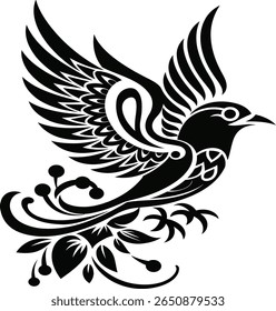 A striking black silhouette of a bird in flight, adorned with intricate floral designs. This artistic illustration embodies freedom and grace, making it ideal for nature-themed projects, tattoos.