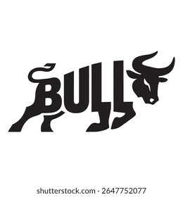 A striking black silhouette of a bull, cleverly incorporating the word bull within its form. A powerful and symbolic graphic representation.