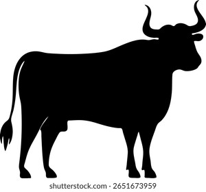 Uma silhueta preta impressionante de um touro, de pé alto com seus chifres curvos e uma cauda distinta. Isolada no branco, essa imagem capta a essência do gado.