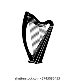 A striking black silhouette of a classical harp, a stringed musical instrument, isolated on a white background.