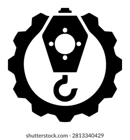 A striking black silhouette of a crane hook with a gear mechanism, ideal for industrial designs, engineering logos, and construction themes.