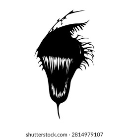 A striking black silhouette of a creature with sharp teeth and spiky features, evoking a sense of mystery and intrigue in a minimalistic style.