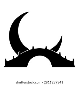 A striking black silhouette of a crescent moon positioned above a stylized bridge, creating a mystical and serene scene.