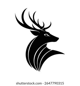 A striking black silhouette of a deer's head with prominent antlers, conveying majesty and power. Perfect for wildlife, hunting, or elegant design themes.
