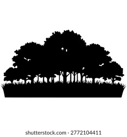 A striking black silhouette of a dense forest, showcasing a variety of trees and a carpet of grass, set against a clean white background.