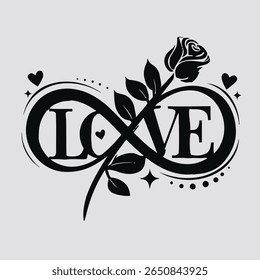 A striking black silhouette design featuring the word "LOVE" intertwined with an infinity symbol and a beautifully detailed rose. Accented with hearts and decorative swirls, this romantic illustration